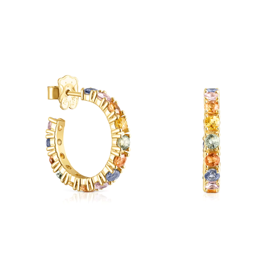 ARETES ARO GLARING DE PLATA VERMEIL CON ZAFIROS MULTICOLOR